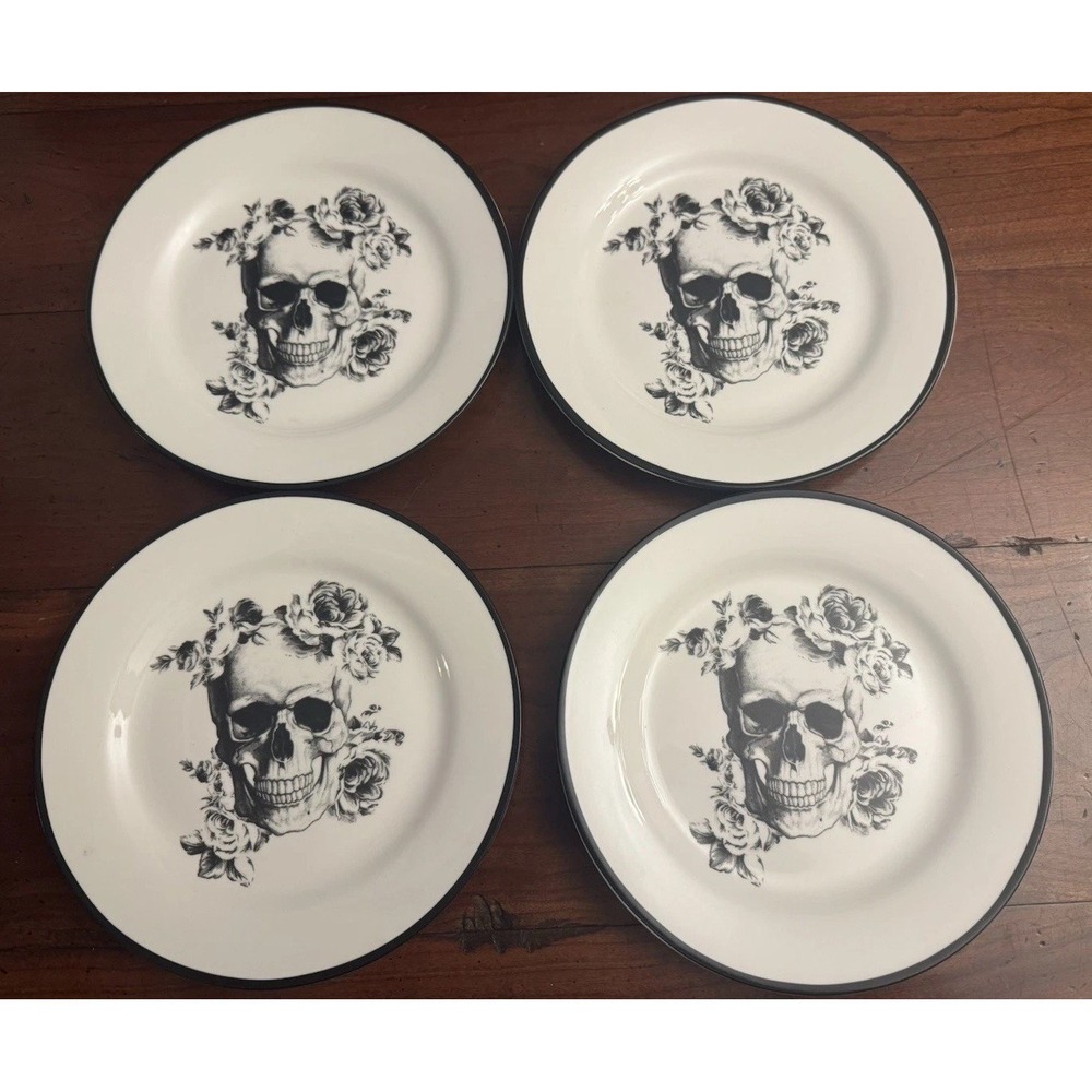 Set of 4 Ciroa Floral Wicked Porcelain‎ Skull Plates 8 1/8"